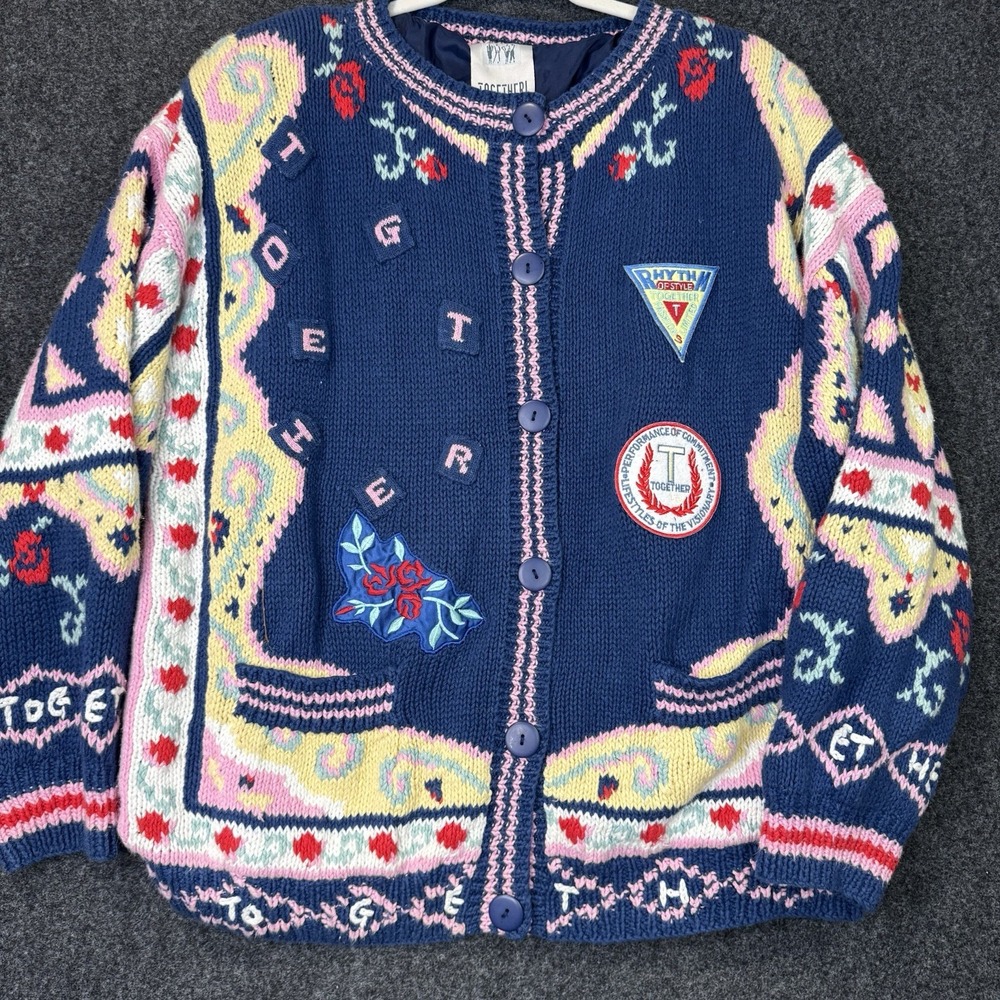 Vintage 90's Knit Cardigan Sweater Size Large Floral Cottage Together Heavy